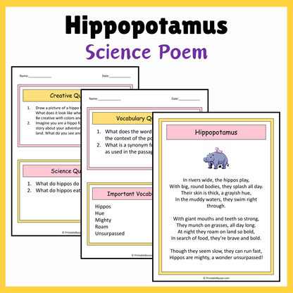 Hippopotamus | Science Poem Reading Comprehension Activity