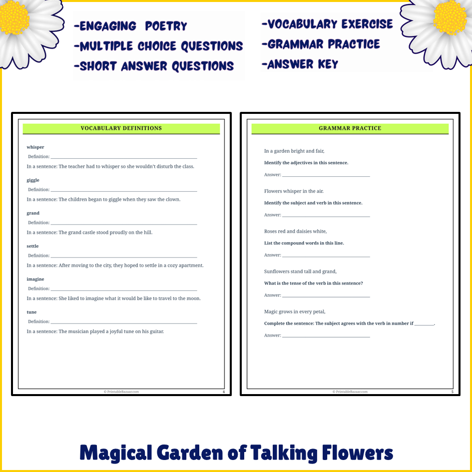 Magical Garden of Talking Flowers | Poem Grammar Worksheet Printable Activity