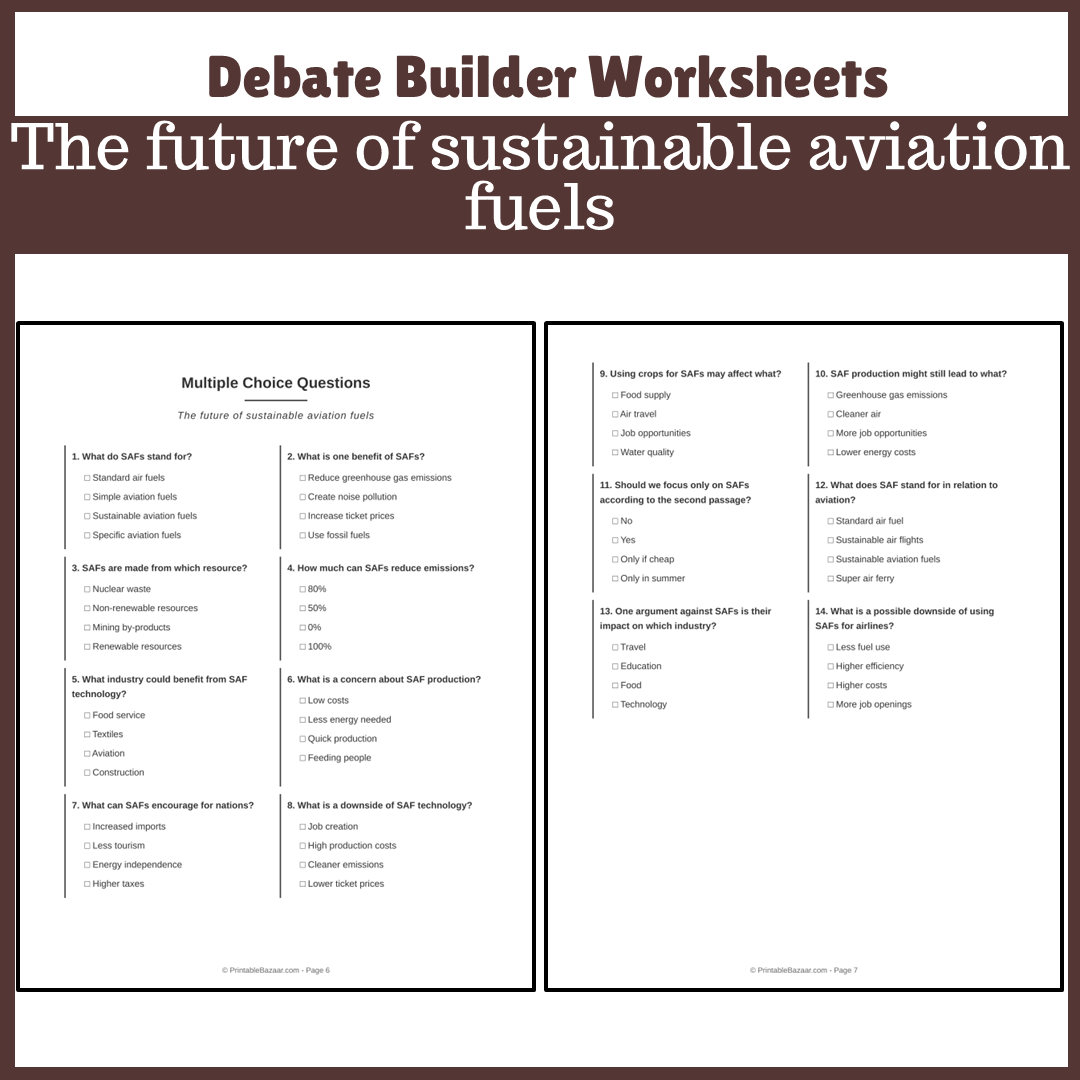 The future of sustainable aviation fuels | Favour and Against Worksheet Printable Activity