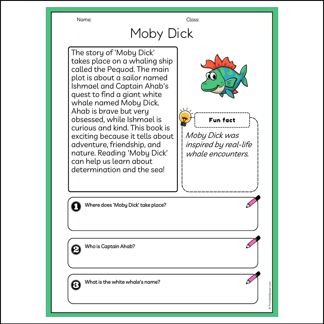 Moby Dick | Reading Passage Comprehension Questions Writing Facts Worksheet