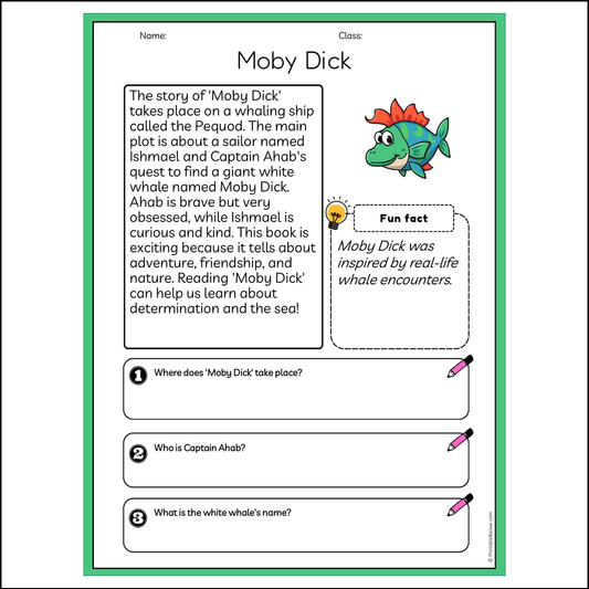 Moby Dick | Reading Passage Comprehension Questions Writing Facts Worksheet