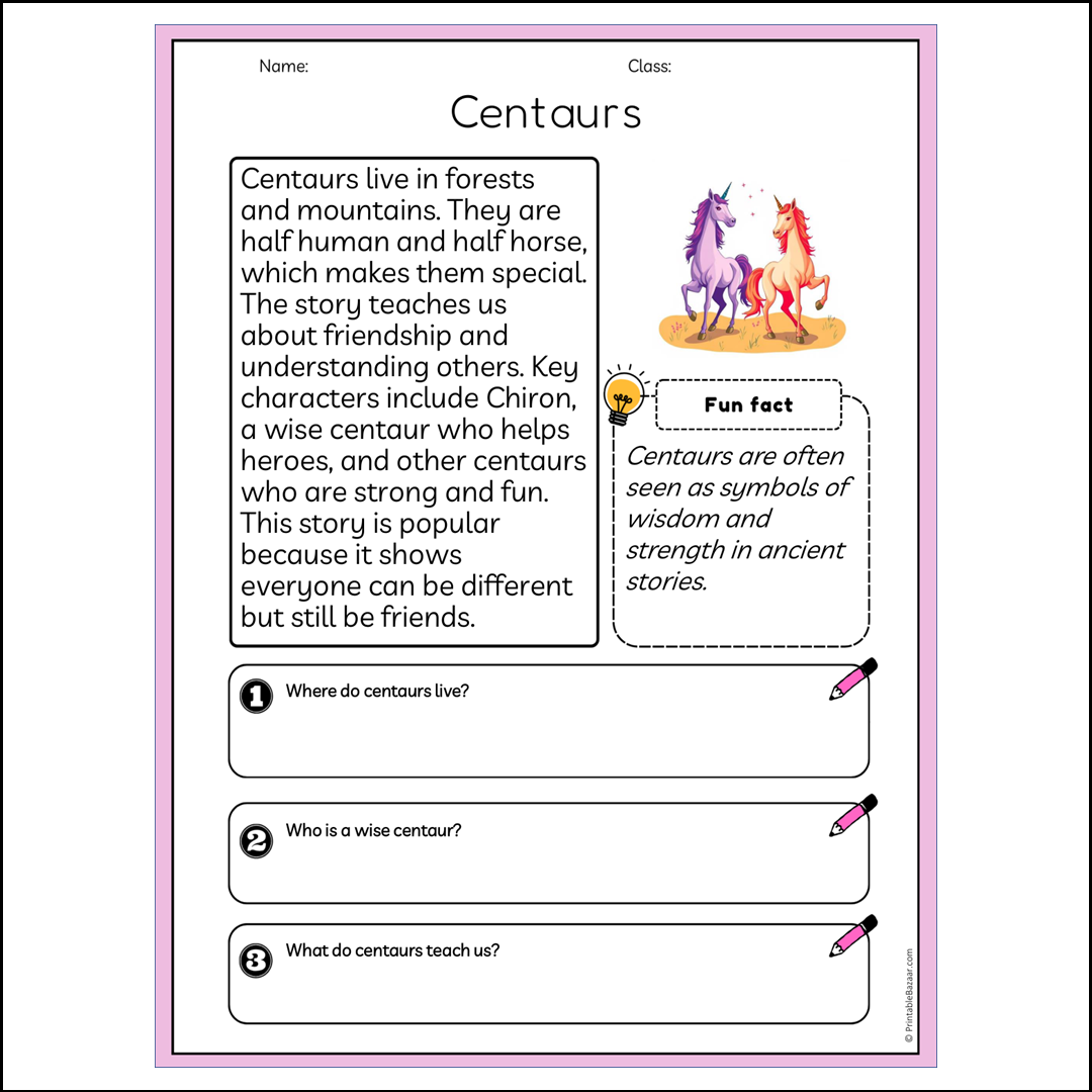 Centaurs | Reading Passage Comprehension Questions Writing Facts Worksheet