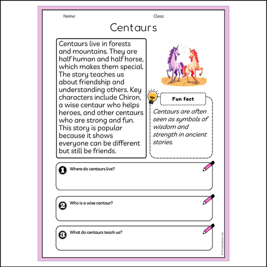 Centaurs | Reading Passage Comprehension Questions Writing Facts Worksheet