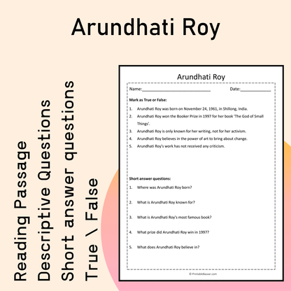 Arundhati Roy | Reading Comprehension Passage Printable Activity