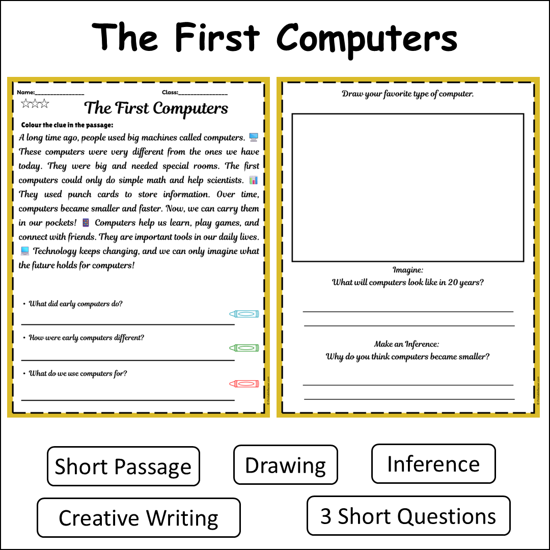 The First Computers | Short Reading Comprehension Creative Worksheet