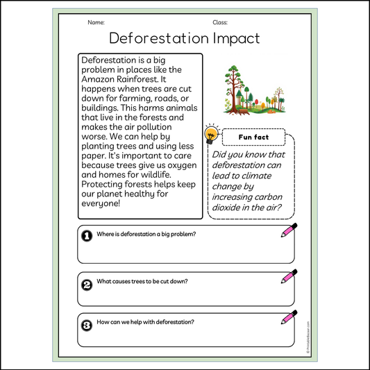 Deforestation Impact | Reading Passage Comprehension Questions Writing Facts Worksheet
