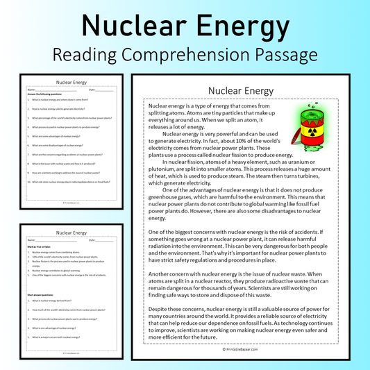 Nuclear Energy | Reading Comprehension Passage Printable Worksheet