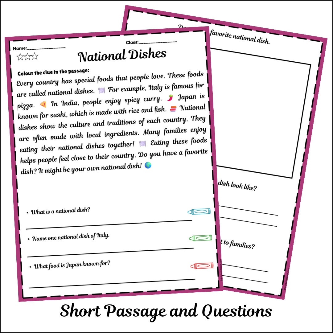 National Dishes | Short Reading Comprehension Creative Worksheet