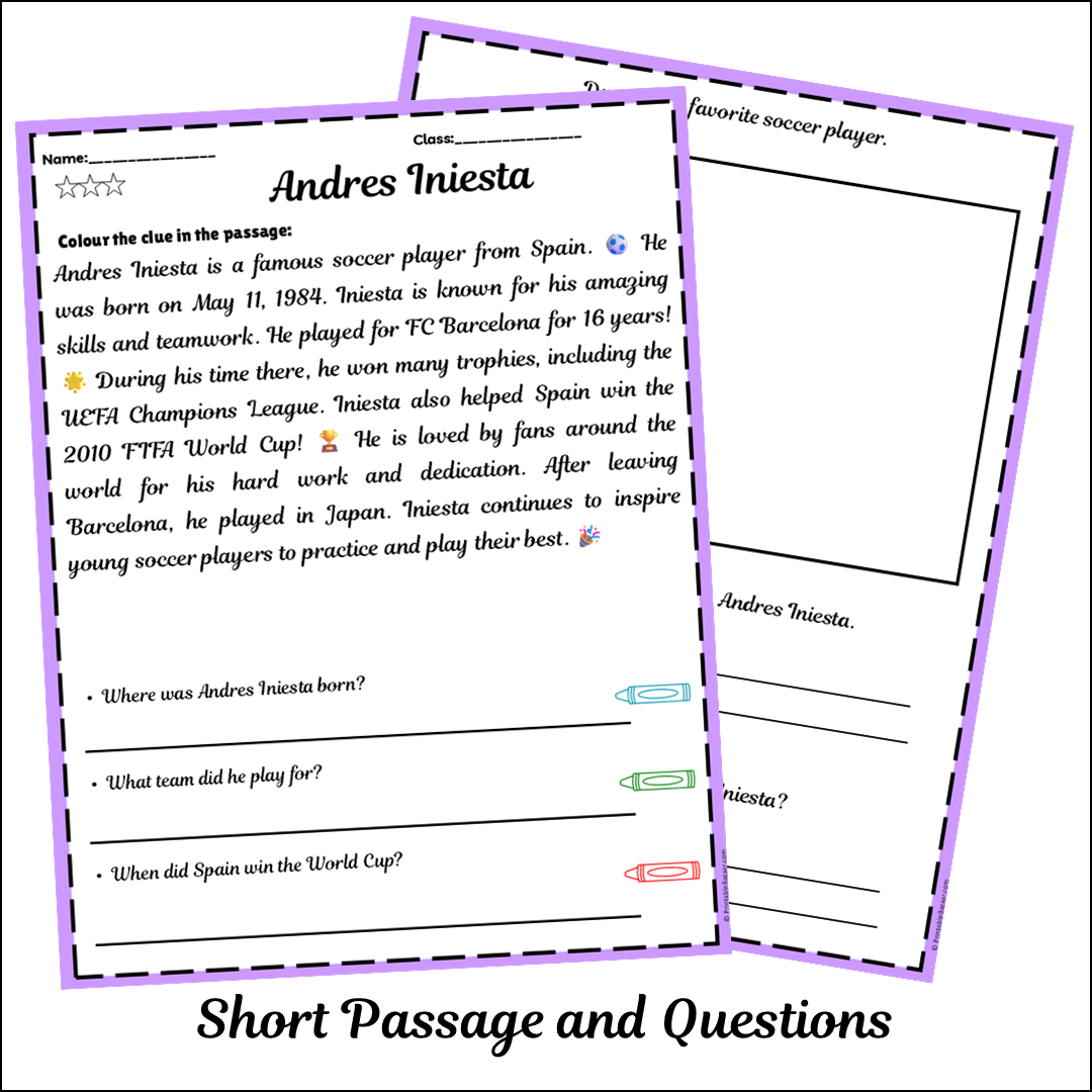 Andres Iniesta | Short Reading Comprehension Creative Worksheet