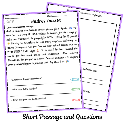 Andres Iniesta | Short Reading Comprehension Creative Worksheet