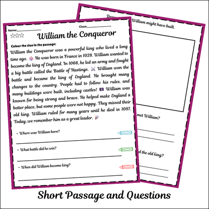 William the Conqueror | Short Reading Comprehension Creative Worksheet