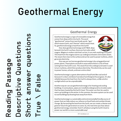 Geothermal Energy | Reading Comprehension Passage Printable Worksheet