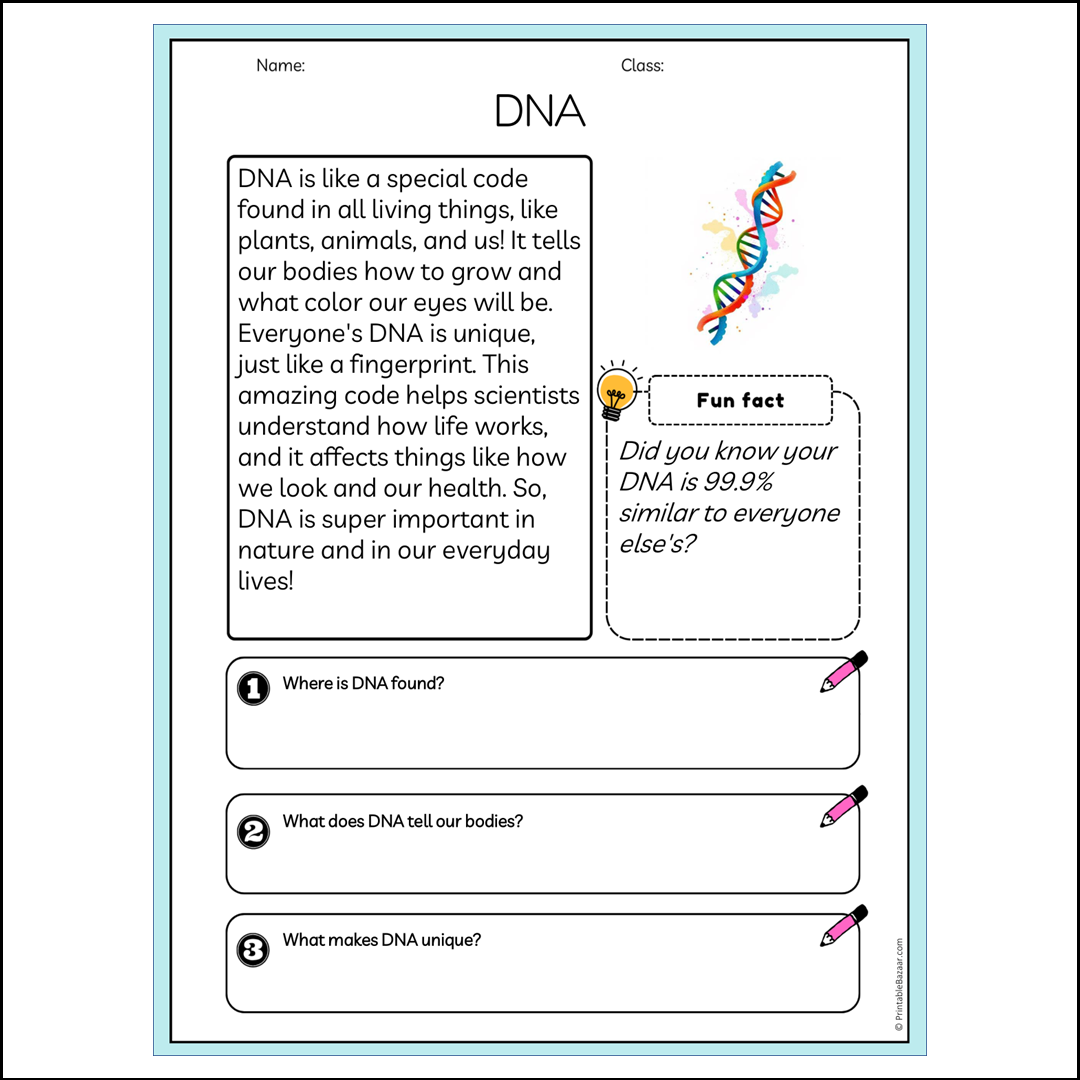 DNA | Reading Passage Comprehension Questions Writing Facts Worksheet
