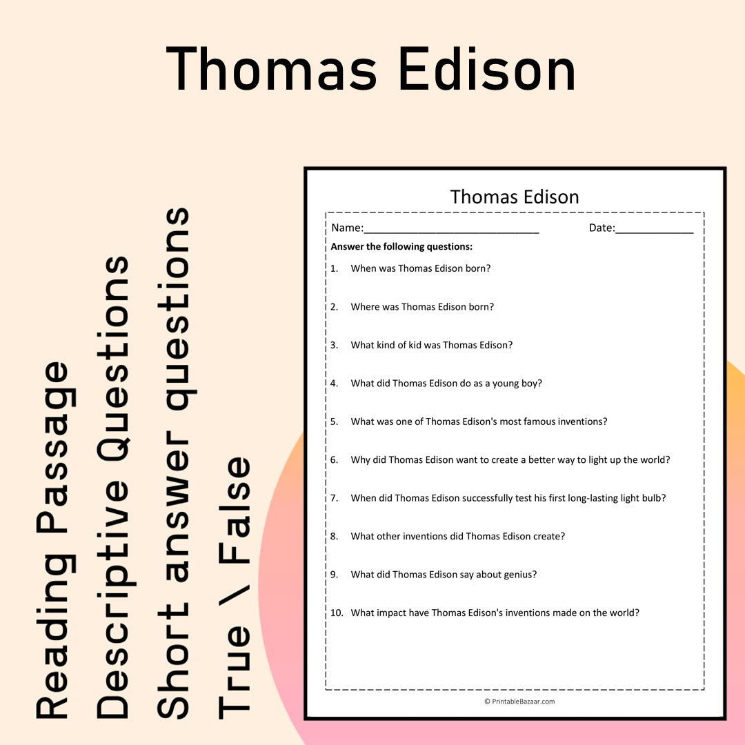 Thomas Edison | Reading Comprehension Passage Printable Activity