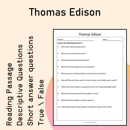 Thomas Edison | Reading Comprehension Passage Printable Activity