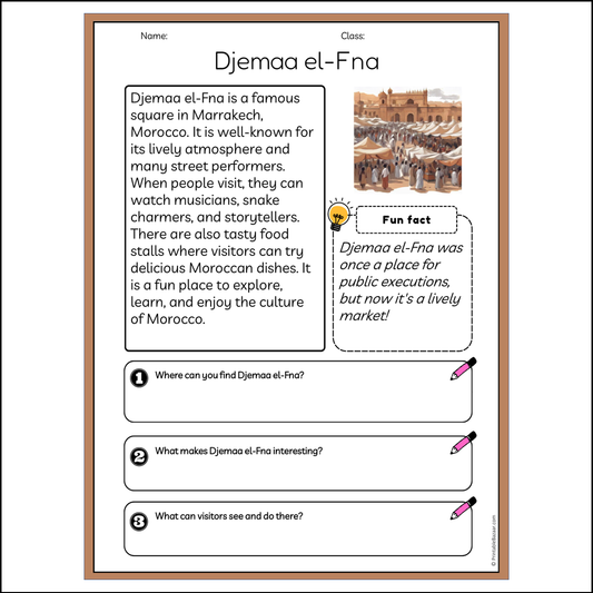 Djemaa el-Fna | Reading Passage Comprehension Questions Writing Facts Worksheet