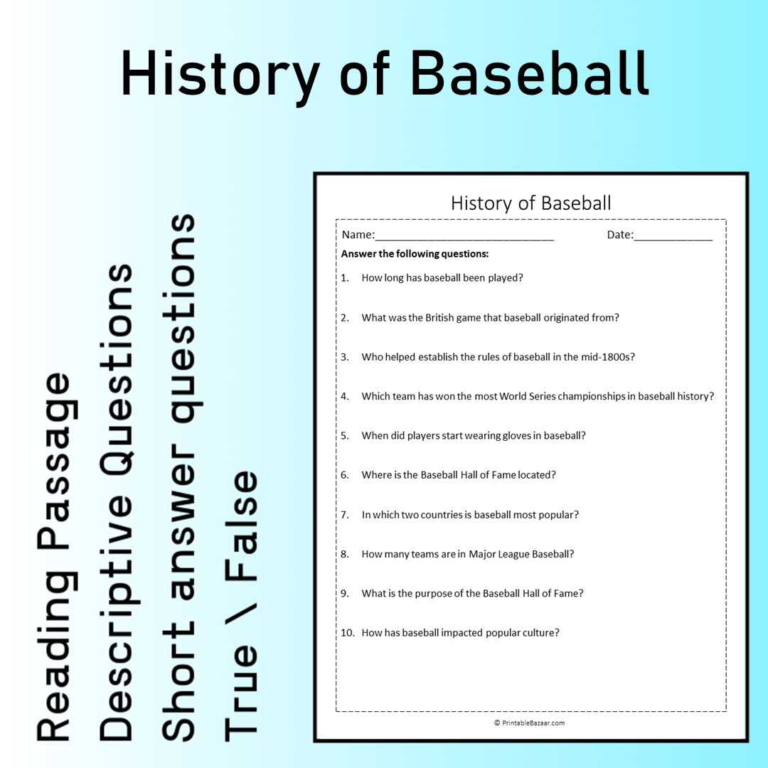 History of Baseball | Reading Comprehension Passage Printable Worksheet