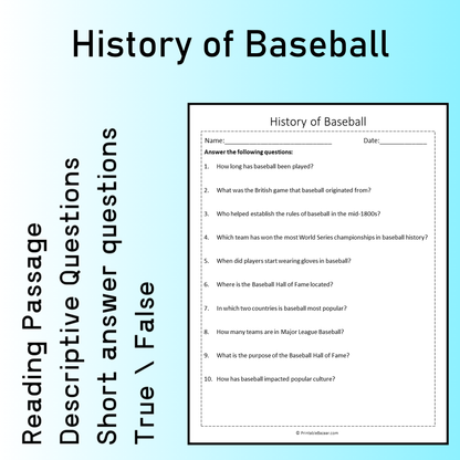 History of Baseball | Reading Comprehension Passage Printable Worksheet