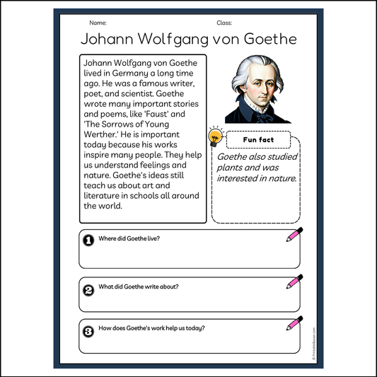 Johann Wolfgang von Goethe | Reading Passage Comprehension Questions Writing Facts Worksheet