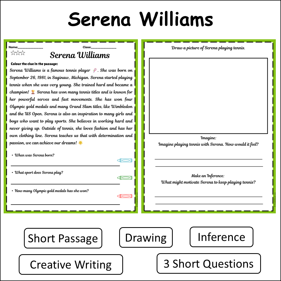 Serena Williams | Short Reading Comprehension Creative Worksheet