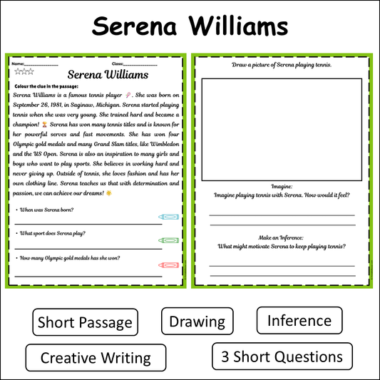 Serena Williams | Short Reading Comprehension Creative Worksheet