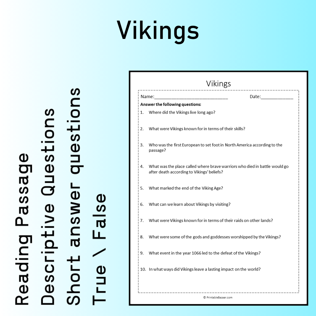 Vikings | Reading Comprehension Passage Printable Worksheet