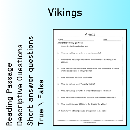 Vikings | Reading Comprehension Passage Printable Worksheet