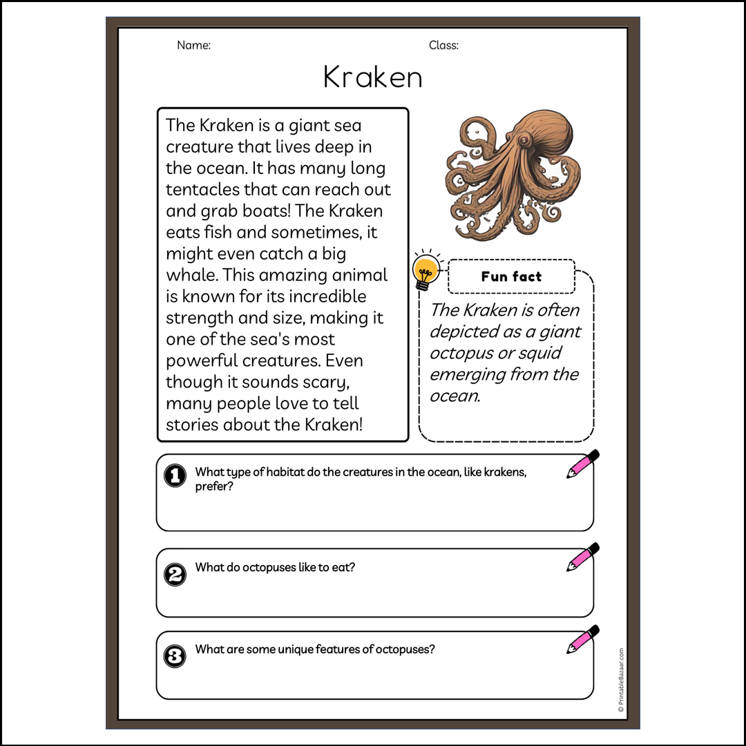 Kraken | Reading Passage Comprehension Questions Writing Facts Worksheet