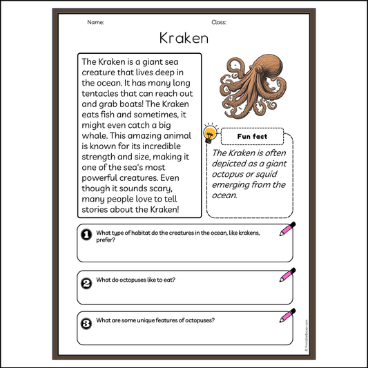 Kraken | Reading Passage Comprehension Questions Writing Facts Worksheet