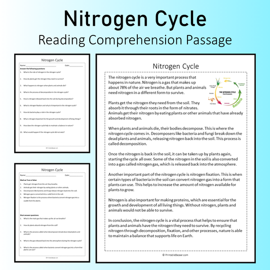 Nitrogen Cycle | Reading Comprehension Passage Printable Worksheet