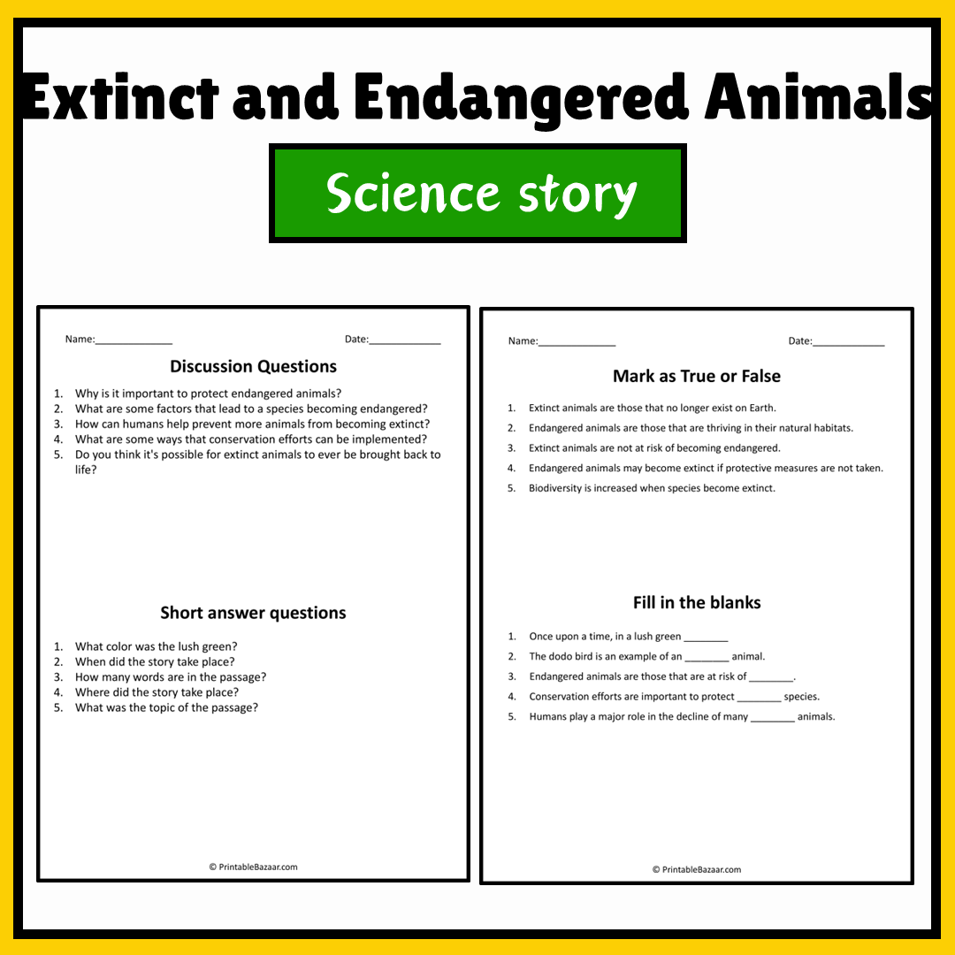 Extinct and Endangered Animals | Science Story Reading Comprehension Activity
