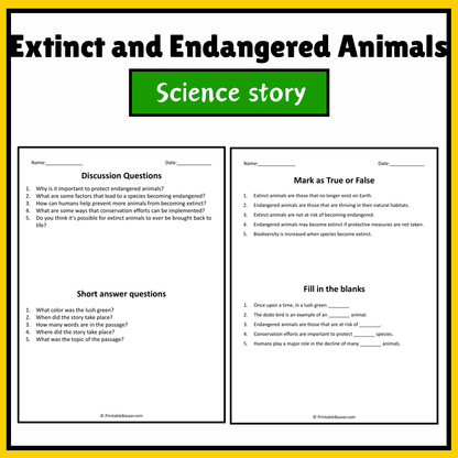 Extinct and Endangered Animals | Science Story Reading Comprehension Activity
