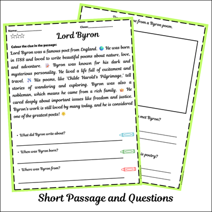 Lord Byron | Short Reading Comprehension Creative Worksheet