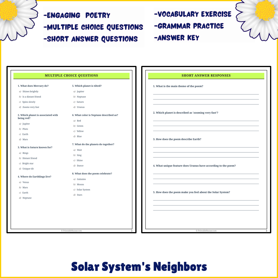 Solar System's Neighbors | Poem Grammar Worksheet Printable Activity