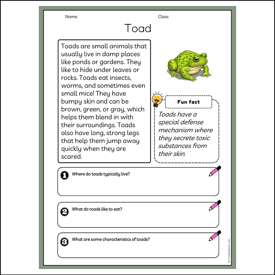 Toad | Reading Passage Comprehension Questions Writing Facts Worksheet