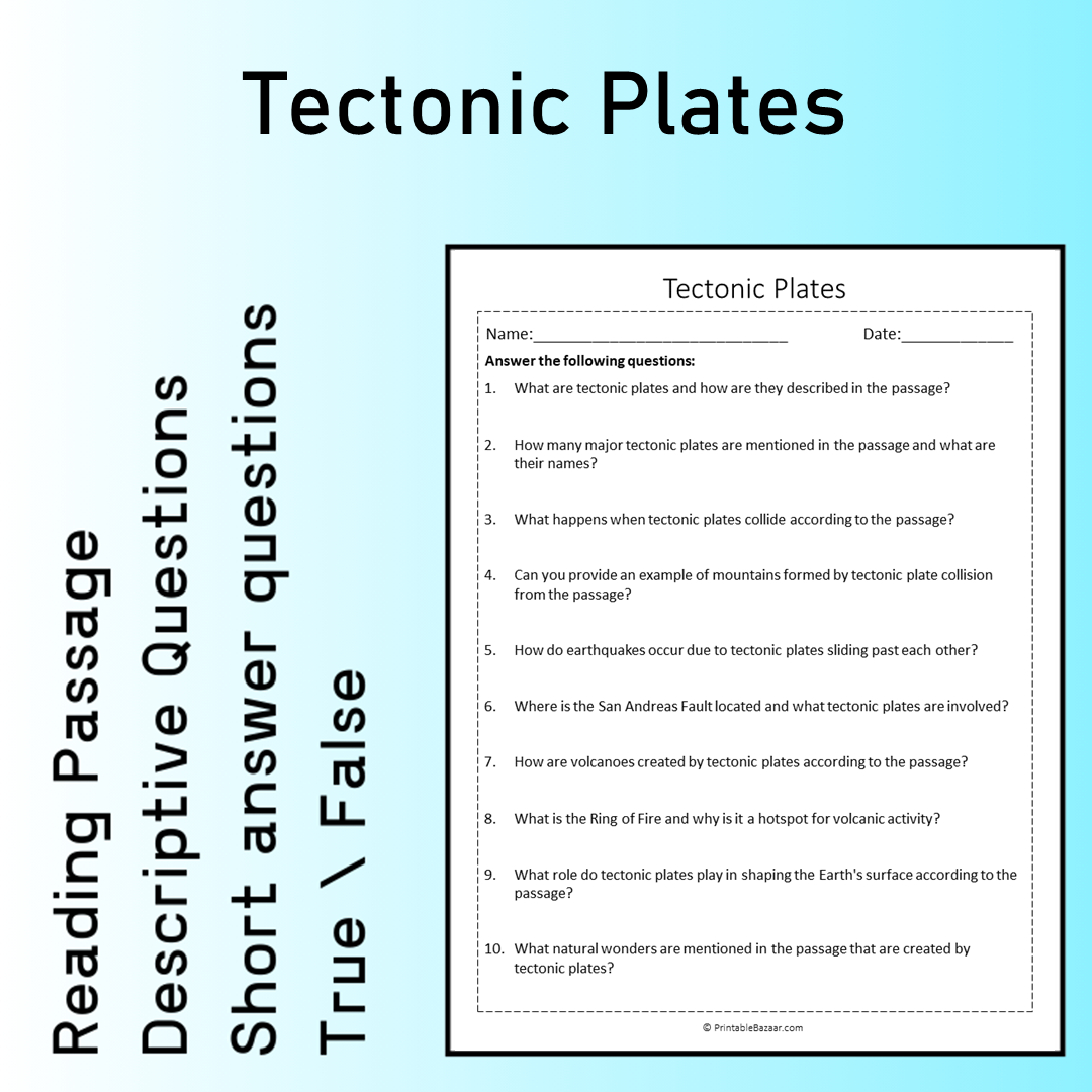 Tectonic Plates | Reading Comprehension Passage Printable Worksheet