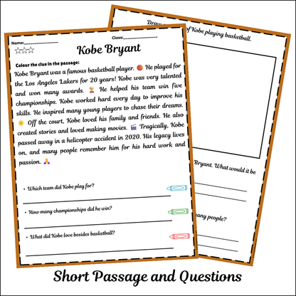 Kobe Bryant | Short Reading Comprehension Creative Worksheet