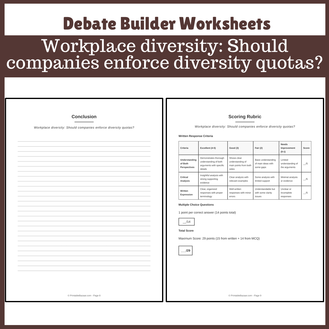 Workplace diversity: Should companies enforce diversity quotas? | Favour and Against Worksheet Printable Activity