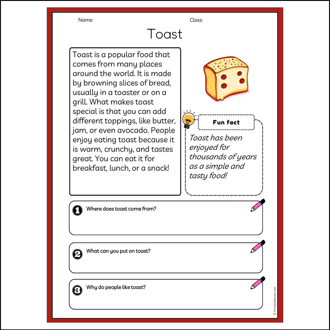 Toast | Reading Passage Comprehension Questions Writing Facts Worksheet