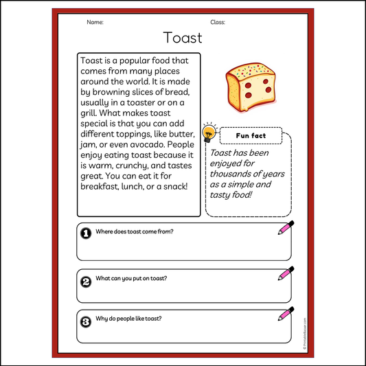 Toast | Reading Passage Comprehension Questions Writing Facts Worksheet