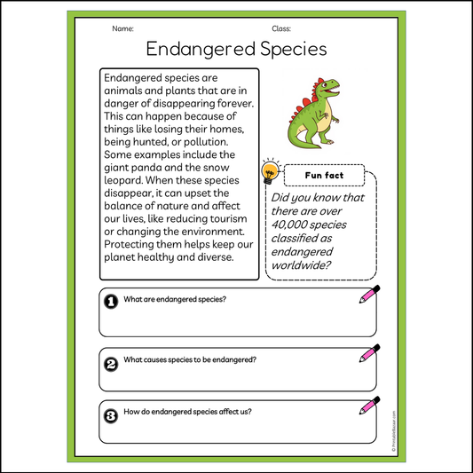 Endangered Species | Reading Passage Comprehension Questions Writing Facts Worksheet