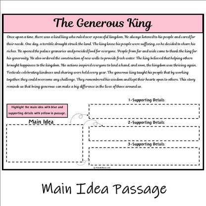 The Generous King | Main Idea and Supporting Details Reading Passage and Questions