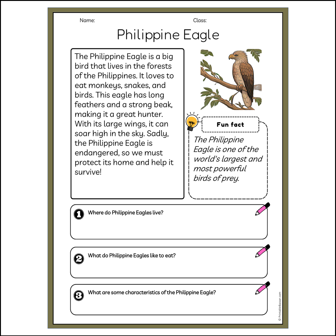 Philippine Eagle | Reading Passage Comprehension Questions Writing Facts Worksheet