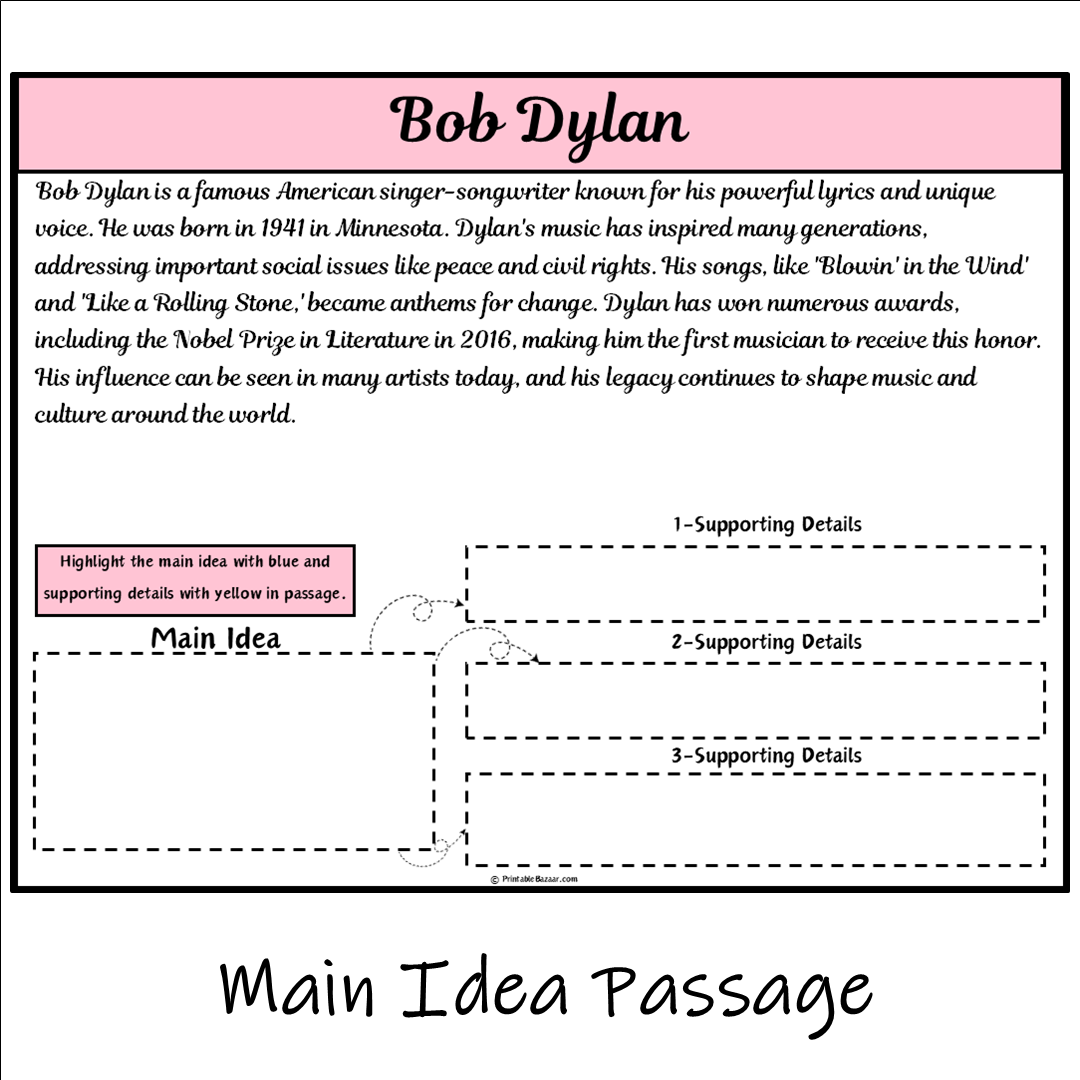 Bob Dylan | Main Idea and Supporting Details Reading Passage and Questions