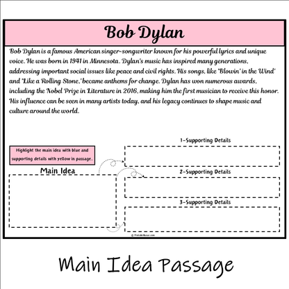 Bob Dylan | Main Idea and Supporting Details Reading Passage and Questions