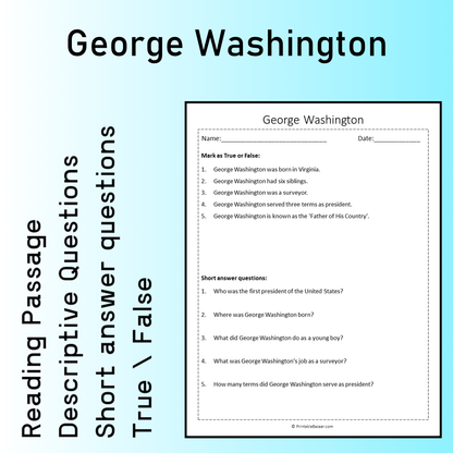 George Washington | Reading Comprehension Passage Printable Worksheet