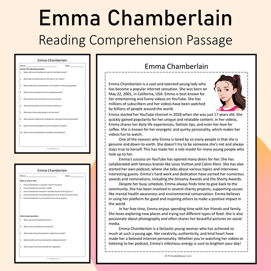 Emma Chamberlain | Reading Comprehension Passage Printable Activity