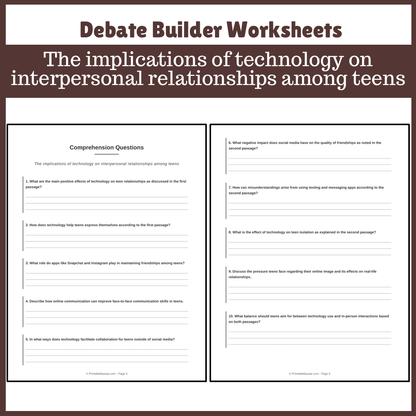 The implications of technology on interpersonal relationships among teens | Favour and Against Worksheet Printable Activity