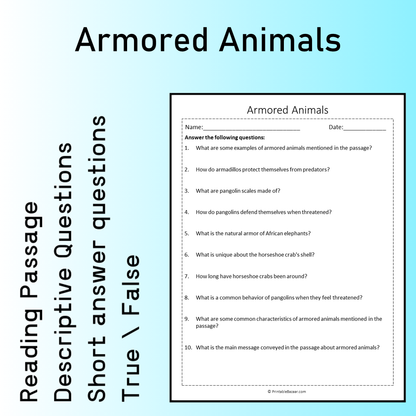 Armored Animals | Reading Comprehension Passage Printable Worksheet
