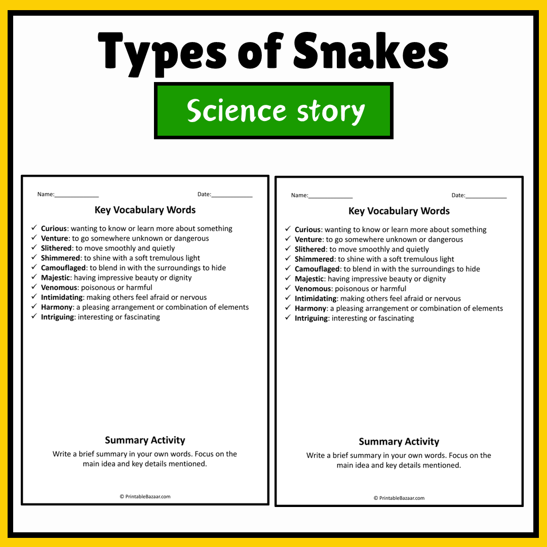 Types of Snakes | Science Story Reading Comprehension Activity